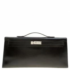 Hermes Black Box Calf Leather Palladium Hardware Kelly Longue Clutch 34cm For Women