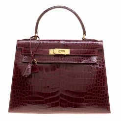 Hermes Burgundy Crocodile Gold Hardware Kelly Sellier 28 Bag For Women