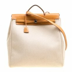 Hermes Dark Tan/Beige Leather And Canvas Herbag Zip 39 Bag For Women