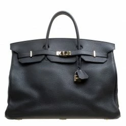 Hermes Black Clemence Leather Gold Hardware Birkin 50 Bag For Women