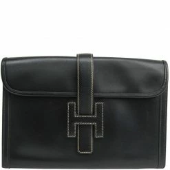 Hermes Black Box Calf Leather Jige PM Clutch Bag For Women