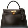 Hermes Dark Brown Box Calf Leather Gold Hardware Kelly Sellier 28 Bag For Women -Deals Hermes Store luxury women hermes used handbags p164909 001