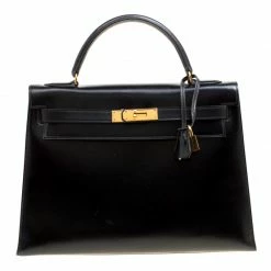 Hermes Black Box Calf Leather Gold Hardware Kelly Sellier 32 Bag For Women