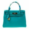 Hermes Blue Paon Clemence Leather Gold Hardware Kelly Retourne 28 Bag For Women