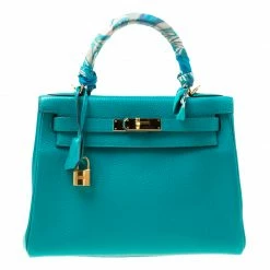 Hermes Blue Paon Clemence Leather Gold Hardware Kelly Retourne 28 Bag For Women