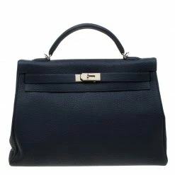 Hermes Bleu Obscur Clemence Leather Palladium Hardware Kelly Retourne 40 Bag For Women