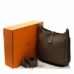 Hermes Etoupe Clemence Leather Evelyne III PM Bag For Women -Deals Hermes Store luxury women hermes used handbags p196093 004