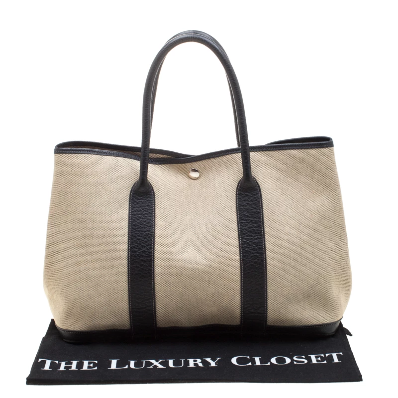 Hermes Black/Off White Canvas And Leather Garden Party MM Tote Bag For Women 12 Hermes Black/Off White Canvas And Leather Garden Party MM Tote Bag For Women - Image 10