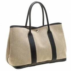 Hermes Black/Off White Canvas And Leather Garden Party MM Tote Bag For Women 16 Hermes Black/Off White Canvas And Leather Garden Party MM Tote Bag For Women -Deals Hermes Store luxury women hermes used handbags p211629 008