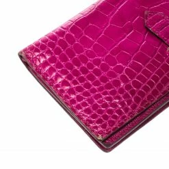 Hermes Rose Scheherazade Alligator Bearn Gusset Wallet For Women -Deals Hermes Store luxury women hermes used handbags p221277 006