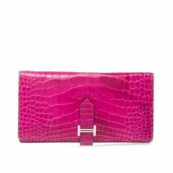 Hermes Rose Scheherazade Alligator Bearn Gusset Wallet For Women