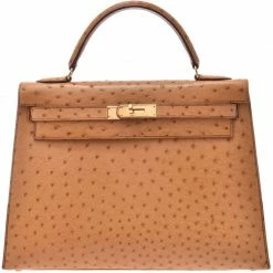 Hermes Chestnut Ostrich Gold Hardware Kelly Sellier 32 Bag For Women