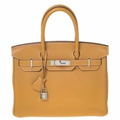 Hermes Moutarde Clemence Leather Palladium Hardware Birkin 25 Bag For Women