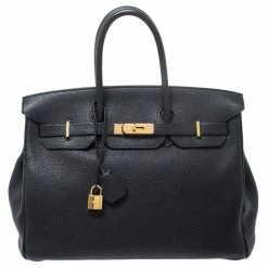Hermes Black Fjord Leather Gold Hardware Birkin 35 Bag For Women