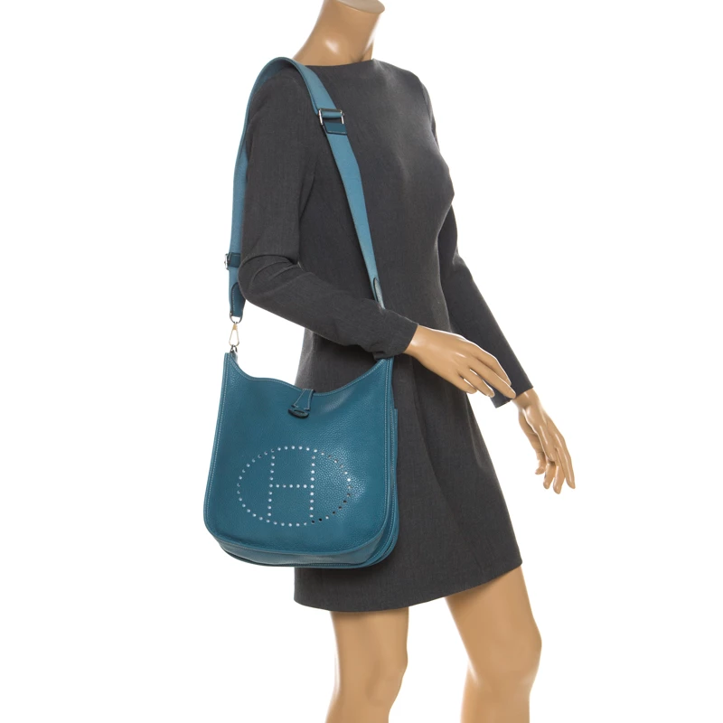 Hermes Blue Izmir Clemence Leather Evelyne III PM Bag For Women 4 Hermes Blue Izmir Clemence Leather Evelyne III PM Bag For Women - Image 2