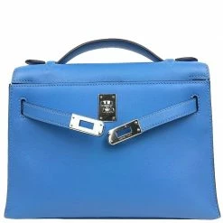 Hermes Blue Box Leather Palladium Hardware Kelly Pochette Bag For Women