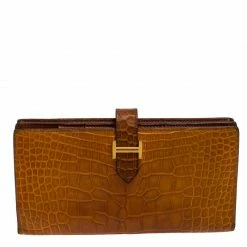 Hermes Orange Alligator Bearn Gusset Wallet For Women