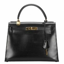 Hermes Black Leather Gold Hardware Kelly Retourne 28 Bag For Women