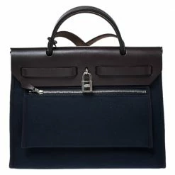 Hermes Blue Encre/Cacao Canvas And Leather Herbag Zip 31 Bag For Women -Deals Hermes Store luxury women hermes used handbags p272860 004