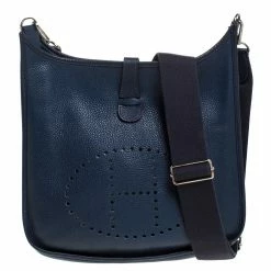 Hermes Blue Nuit Clemence Leather Evelyne III GM Bag For Women