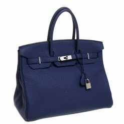 Hermes Blue Saphir Clemence Leather Palladium Hardware Birkin 35 Bag For Women -Deals Hermes Store luxury women hermes used handbags p275564 010