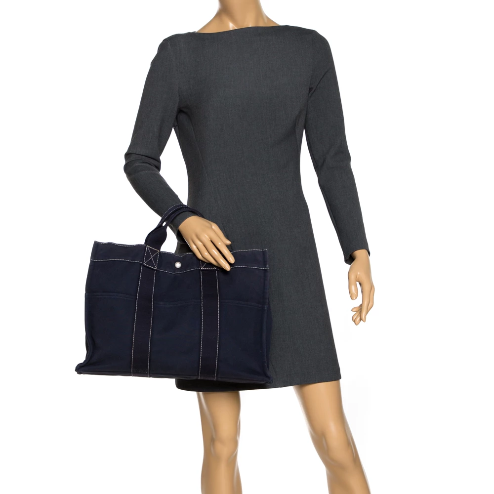 Hermes Dark Blue Canvas Deauville MM Bag For Women 4 Hermes Dark Blue Canvas Deauville MM Bag For Women - Image 2