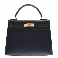 Hermes Black Calf Leather Gold Hardware Kelly Retourne 28 Bag For Women