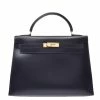 Hermes Black Calf Leather Gold Hardware Kelly 32 Bag For Women
