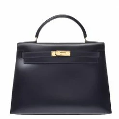 Hermes Black Calf Leather Gold Hardware Kelly 32 Bag For Women