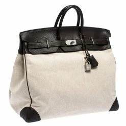 Hermes Beige Canvas And Ebene Clemence Leather Palladium Hardware HAC Birkin 50 Bag For Women 20 Hermes Beige Canvas And Ebene Clemence Leather Palladium Hardware HAC Birkin 50 Bag For Women -Deals Hermes Store luxury women hermes used handbags p287757 002
