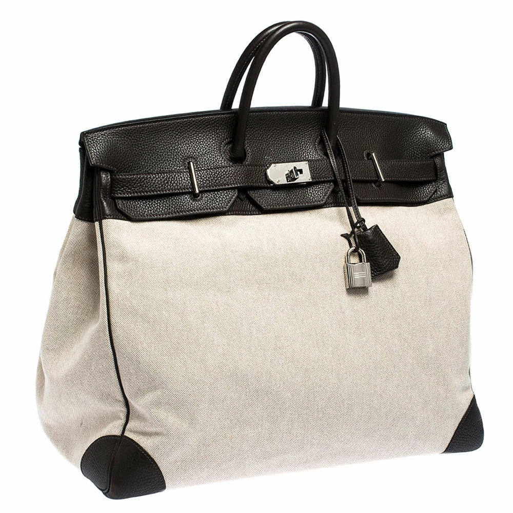 Hermes Beige Canvas And Ebene Clemence Leather Palladium Hardware HAC Birkin 50 Bag For Women 5 Hermes Beige Canvas And Ebene Clemence Leather Palladium Hardware HAC Birkin 50 Bag For Women - Image 3