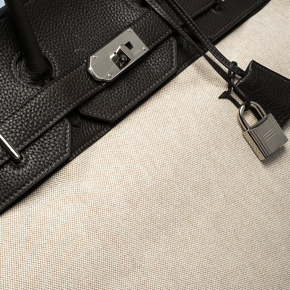 Hermes Beige Canvas And Ebene Clemence Leather Palladium Hardware HAC Birkin 50 Bag For Women 7 Hermes Beige Canvas And Ebene Clemence Leather Palladium Hardware HAC Birkin 50 Bag For Women - Image 5