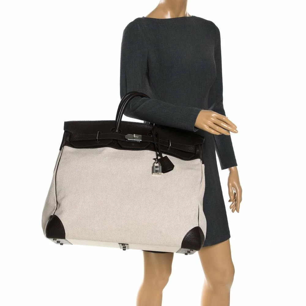 Hermes Beige Canvas And Ebene Clemence Leather Palladium Hardware HAC Birkin 50 Bag For Women 4 Hermes Beige Canvas And Ebene Clemence Leather Palladium Hardware HAC Birkin 50 Bag For Women - Image 2