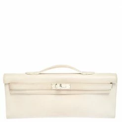Hermes White Swift Leather Palladium Hardware Kelly Cut Clutch For Women