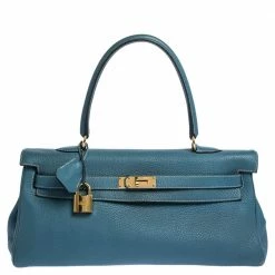 Hermes Hermès Blue Jean Clemence Leather Gold Hardware Shoulder Kelly 42 Bag For Women