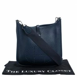 Hermes Blue Nuit Clemence Leather Evelyne II PM Bag For Women -Deals Hermes Store luxury women hermes used handbags p322579 002