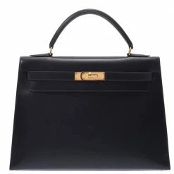 Hermes Navy Blue Leather Kelly Retourne 32 Box Bag For Women