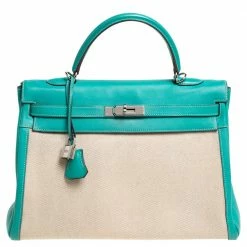 Hermes Lagon Toile And Swift Leather Palladium Hardware Kelly Retourne 35 Bag For Women