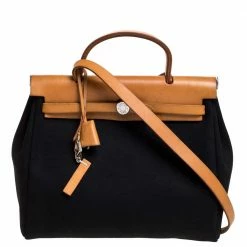 Hermes Hermès Black/Natural Canvas And Leather Herbag Zip 31 Bag For Women