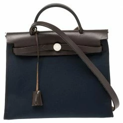 Hermes Navy Blue/Brown Canvas And Leather Herbag Zip 31 Bag For Women