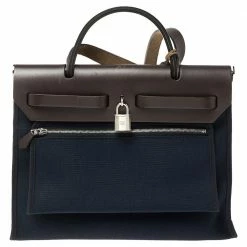 Hermes Navy Blue/Brown Canvas And Leather Herbag Zip 31 Bag For Women -Deals Hermes Store luxury women hermes used handbags p340479 009