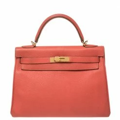 Hermes Rose Jaipur Clemence Leather Gold Hardware Kelly Retourne 32 Bag For Women