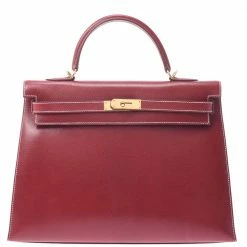 Hermes Burgundy Leather Kelly 35 Bag For Women