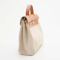 Hermes Tan Leather And Beige Toile Canvas Herbag For Women -Deals Hermes Store luxury women hermes used handbags p35840 0003