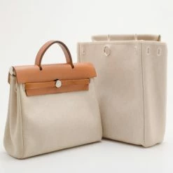 Hermes Tan Leather And Beige Toile Canvas Herbag For Women -Deals Hermes Store luxury women hermes used handbags p35840 0020