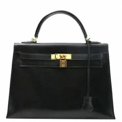 Hermes Black Box Leather Kelly 32 Bag For Women