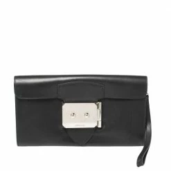 Hermes Black Leather Palladium Hardware Goodlock Clutch For Women