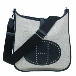 Hermes Beige And Black Clemence Leather GM Evelyne III Ucre Twill Messenger Bag For Women