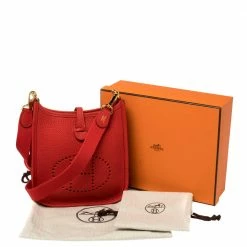 Hermes Rouge Tomate Clemence Leather Evelyne TPM Bag For Women -Deals Hermes Store luxury women hermes used handbags p384381 002