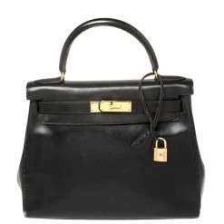 Hermes Black Box Calf Leather Gold Hardware Kelly Retourne 28 Bag For Women